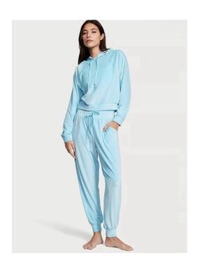 Victoria's Secret Ribbed Corduroy Hooded Velvet Powder Blue Jogger Set size L